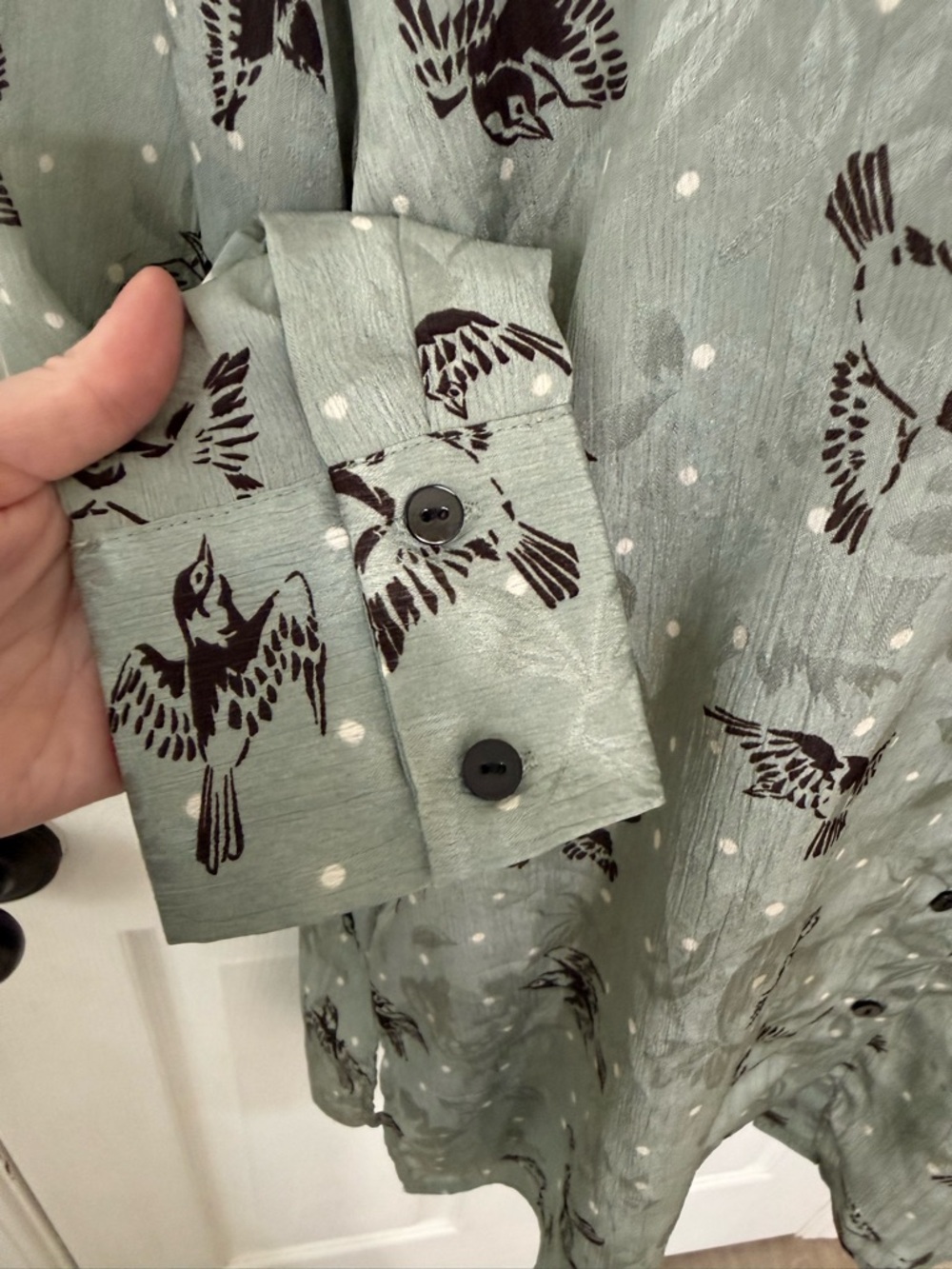 Zara Basic Bird Print Button Down Blouse Sage Green Polka Dot Size M - Picture 9 of 13